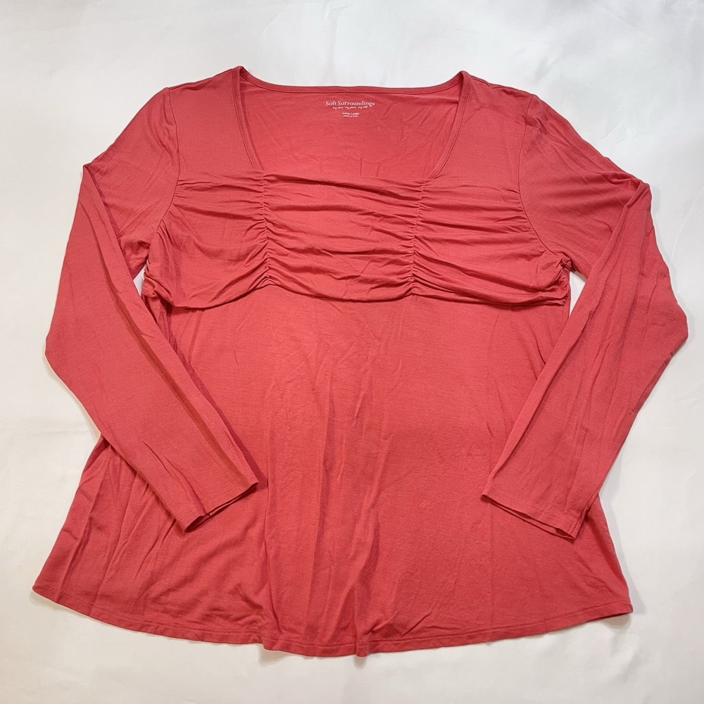 Soft Surroundings Womens Petite L Coral Ruched Bust Modal Long Sleeve Top